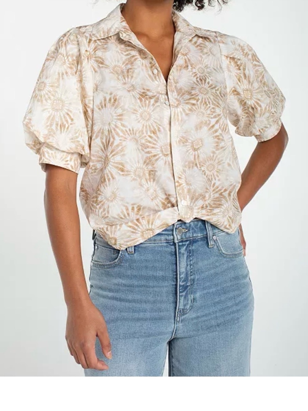 Liverpool Beige & White Floral Short-Sleeve Button-Down Shirt
